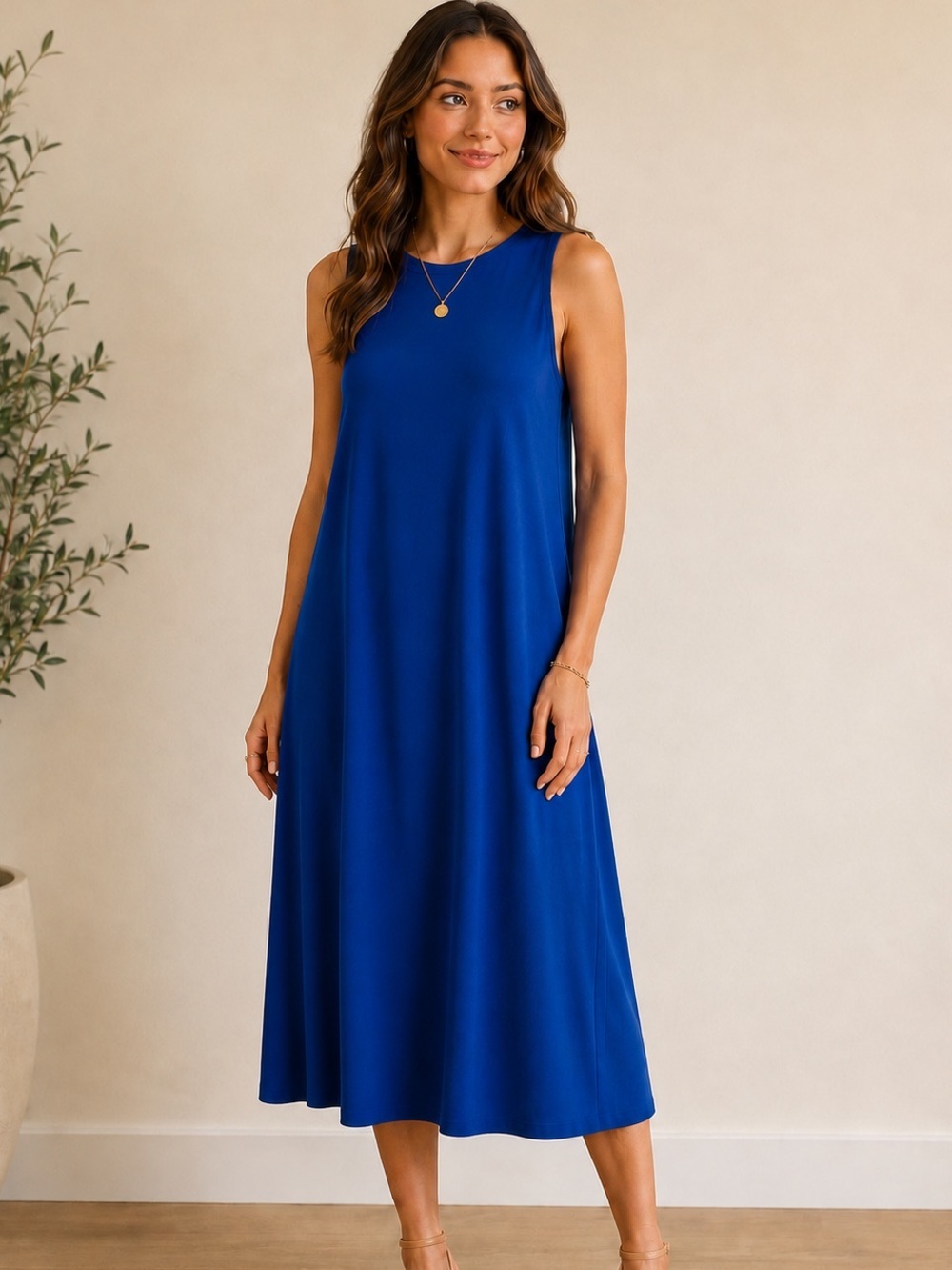 Susan Graver Every Day Liquid Knit Sleeveless Cobalt Blue A-Line Midi Dress.